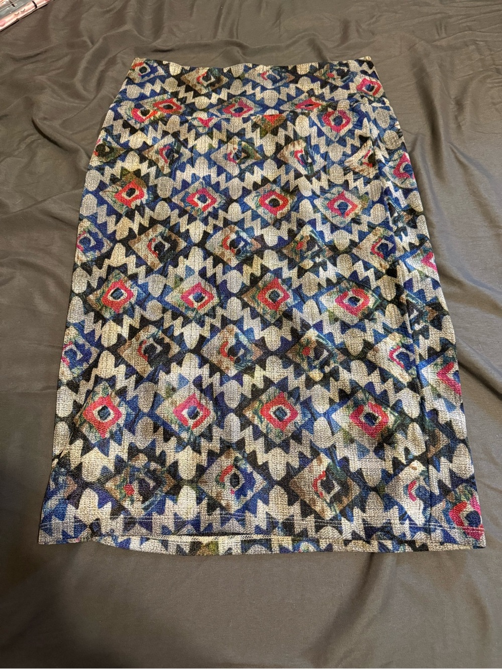 LuLaRoe Cassie pencil skirt Grey background with Geometric shapes Black & Blue
